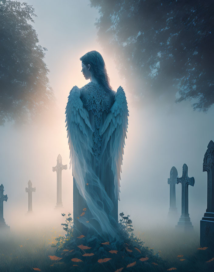 Ethereal angel statue with large wings in misty graveyard