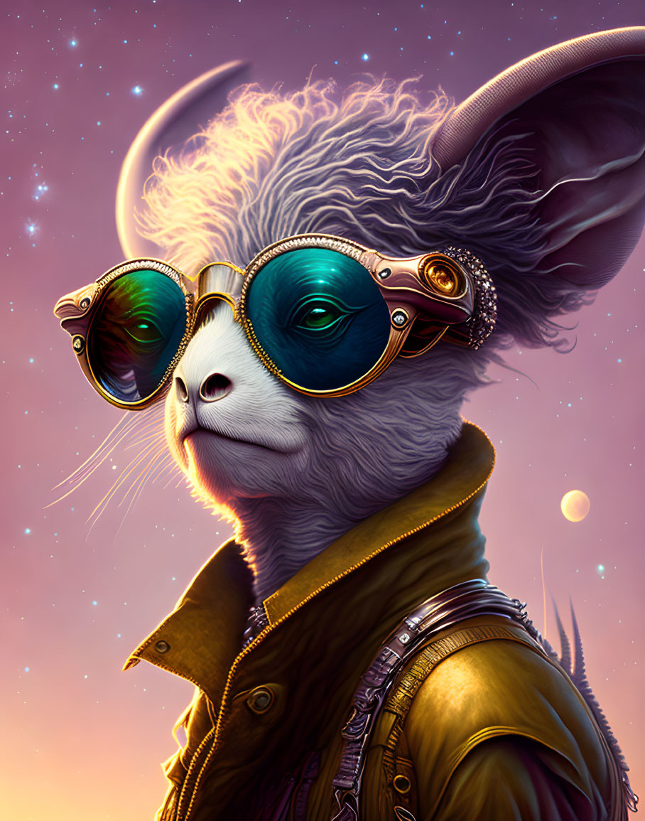 Stylish Sheep in Aviator Sunglasses and Leather Jacket on Cosmic Background