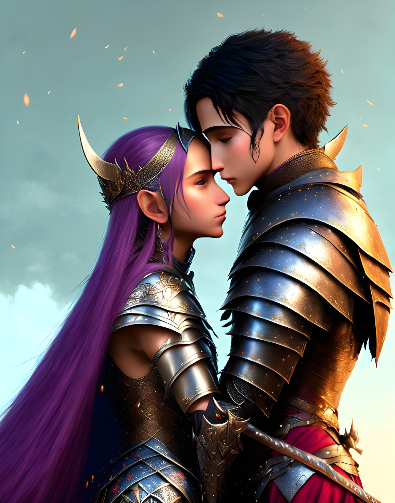 Medieval armor-clad animated characters embrace under ember-filled sky
