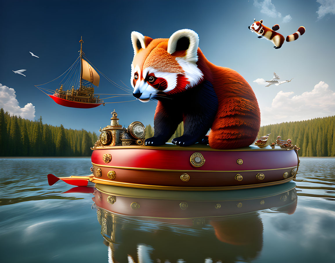 Red panda on nautical compass with ship and forest backdrop