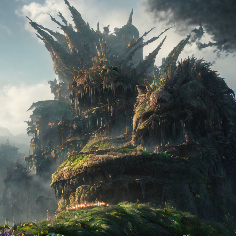Fantastical mountain with greenery layers and ancient ruins under mystical light