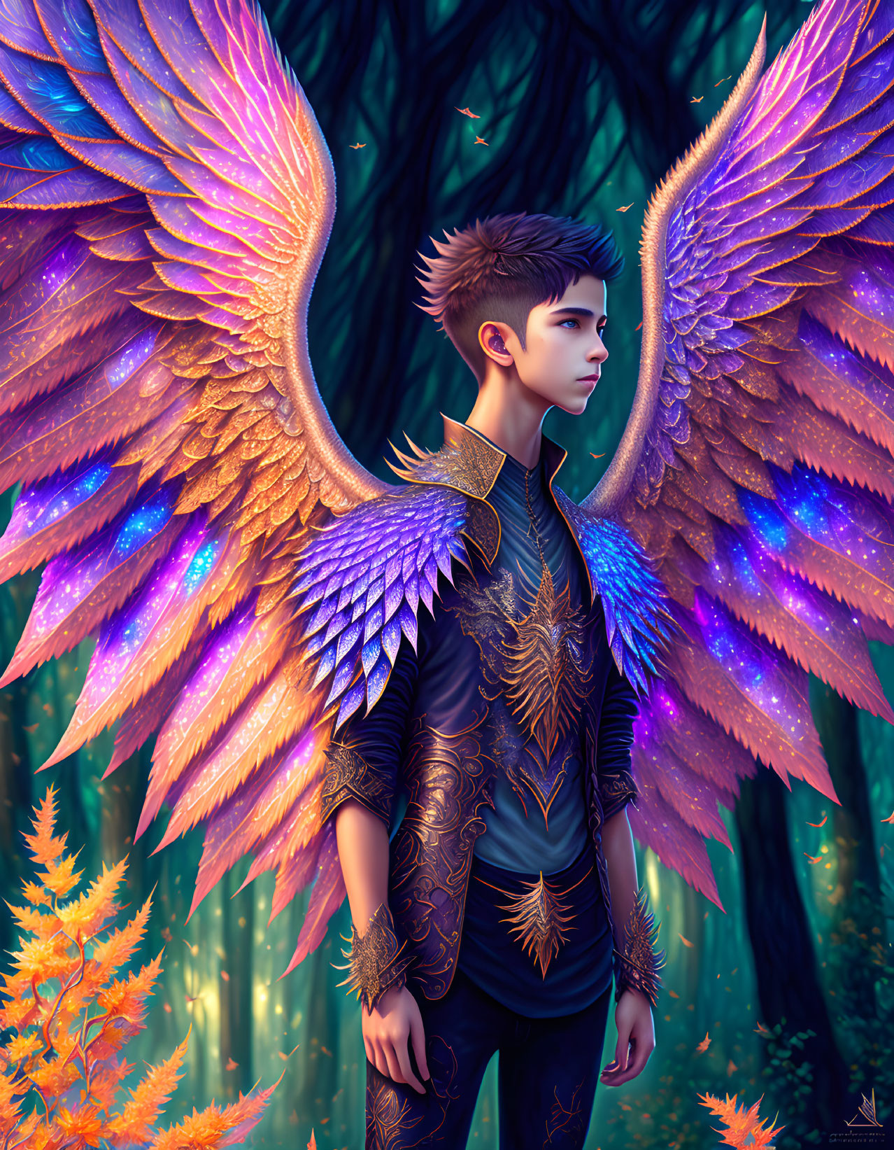 Digital artwork featuring person with luminous feathered wings in forest wearing ornate armor.