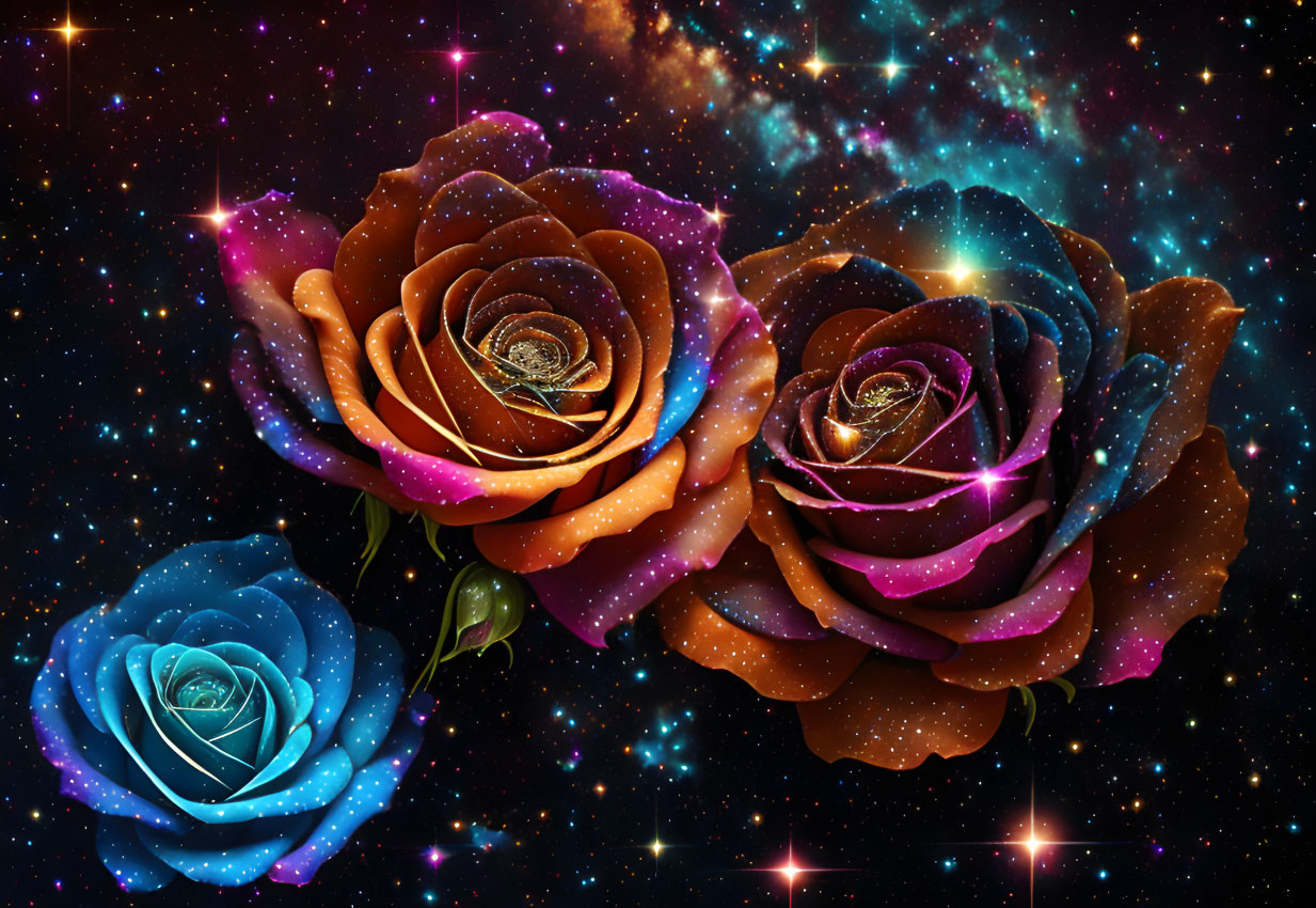 Colorful digital artwork: Three stylized roses on cosmic backdrop
