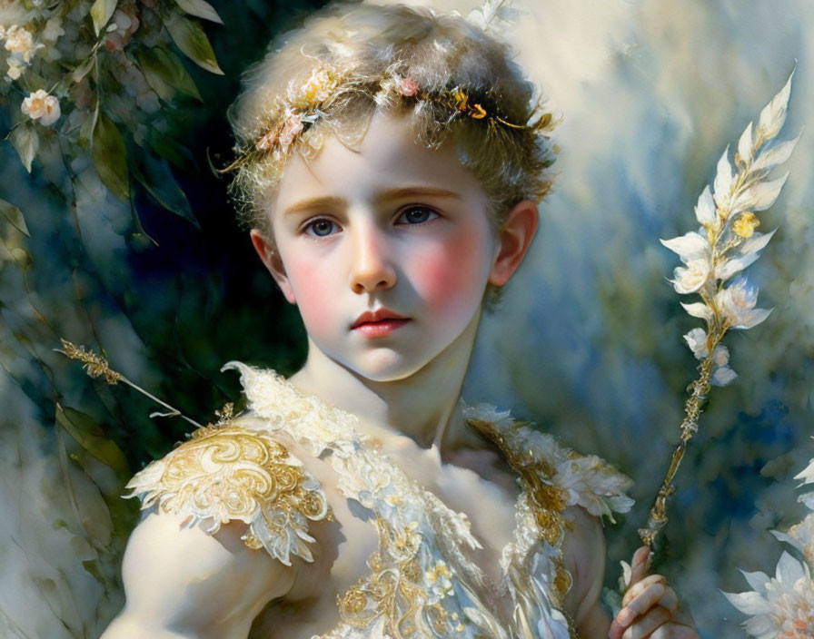 Portrait of a young child with floral crown and white lily in ornate attire