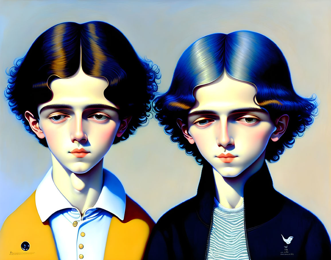 Symmetrical surreal image of two individuals with vibrant colors and distinctive hairstyles