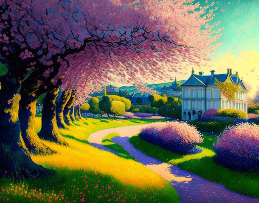 Colorful Cherry Blossom Landscape with Winding Path and Stately House