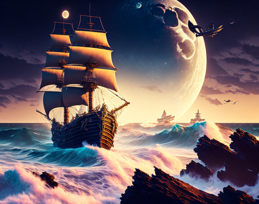 Fantastical ocean scene with large sailing ship, smaller vessels, oversized moon, and flying sleigh