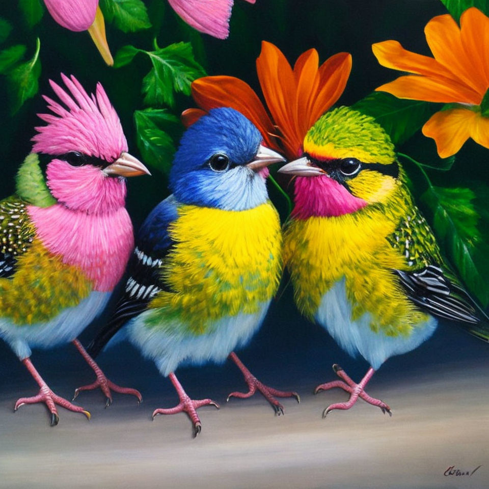 Colorful Birds Perched Together Among Green Leaves and Flowers