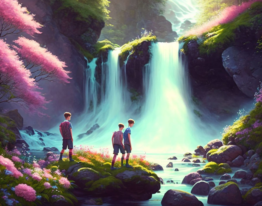 Three people at vibrant waterfall with lush greenery