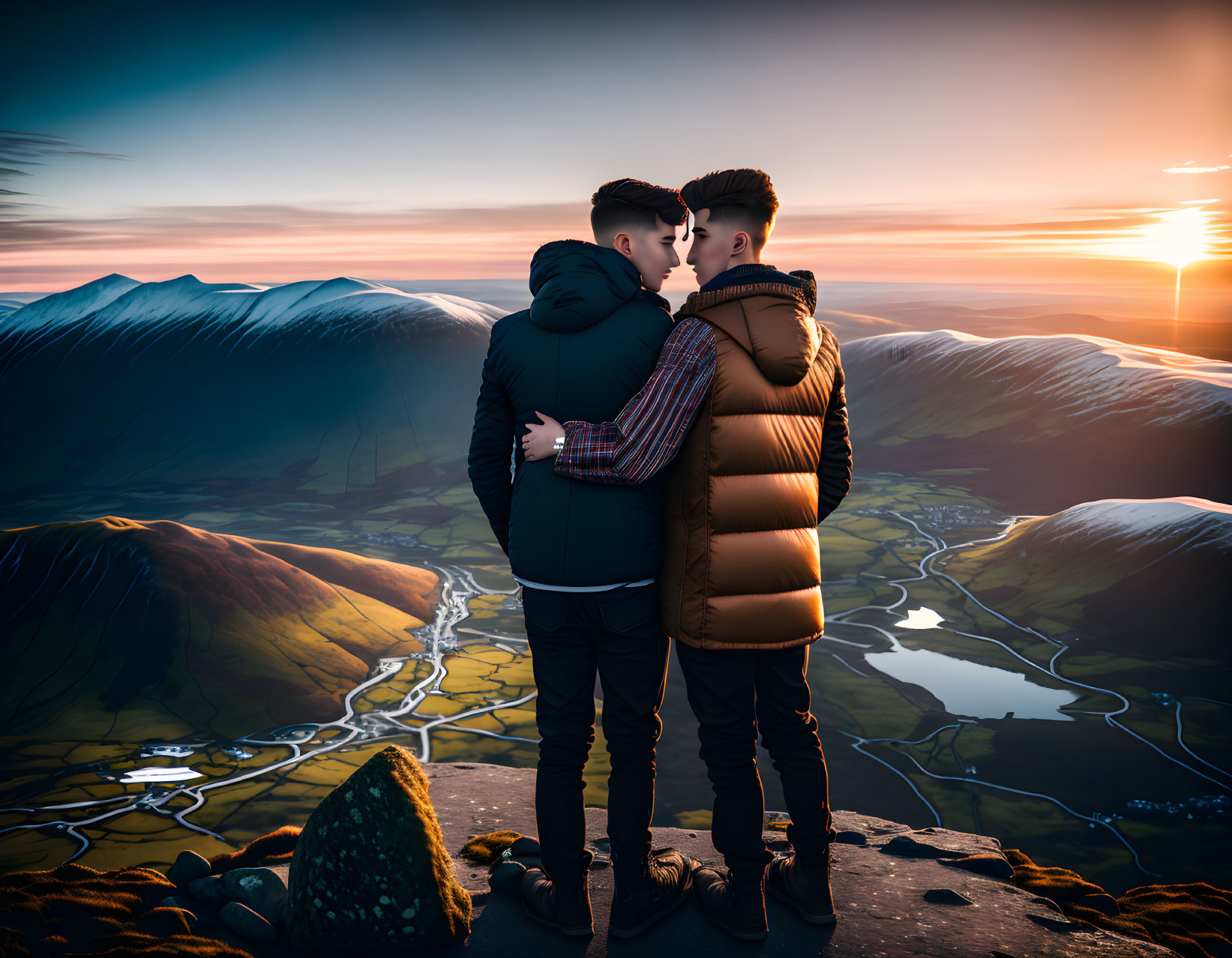 Couple embracing at sunrise over mountain landscape
