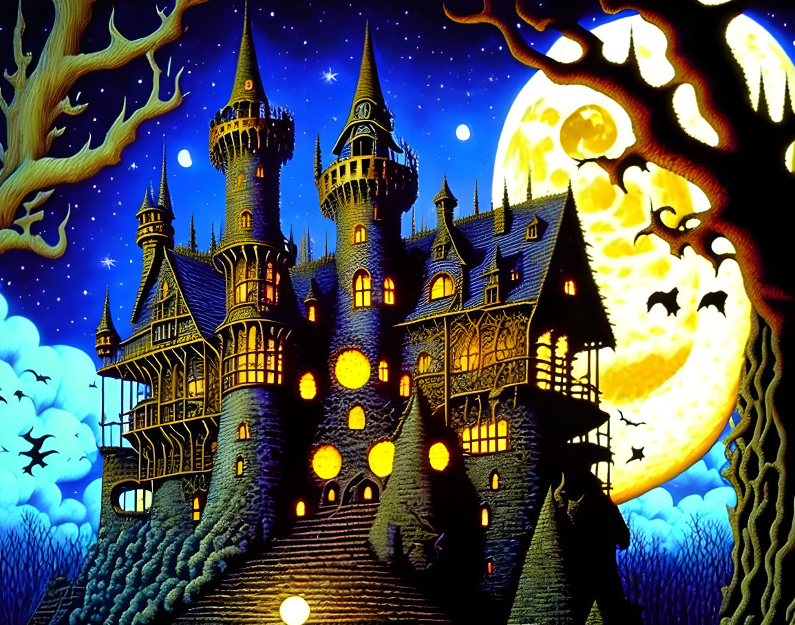 Fantastical castle at night with full moon, stars, illuminated windows, and bats.