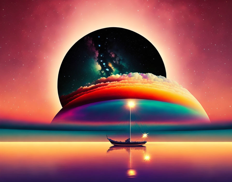 Digital artwork: Boat on still water under surreal sunset and starry galaxy sky
