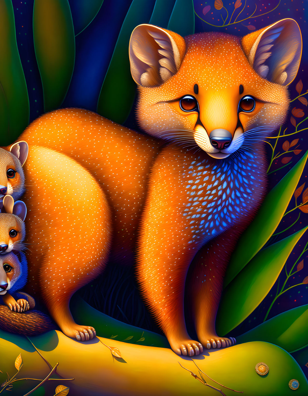 Colorful Stylized Adult Fox with Hidden Cubs in Lush Green Foliage