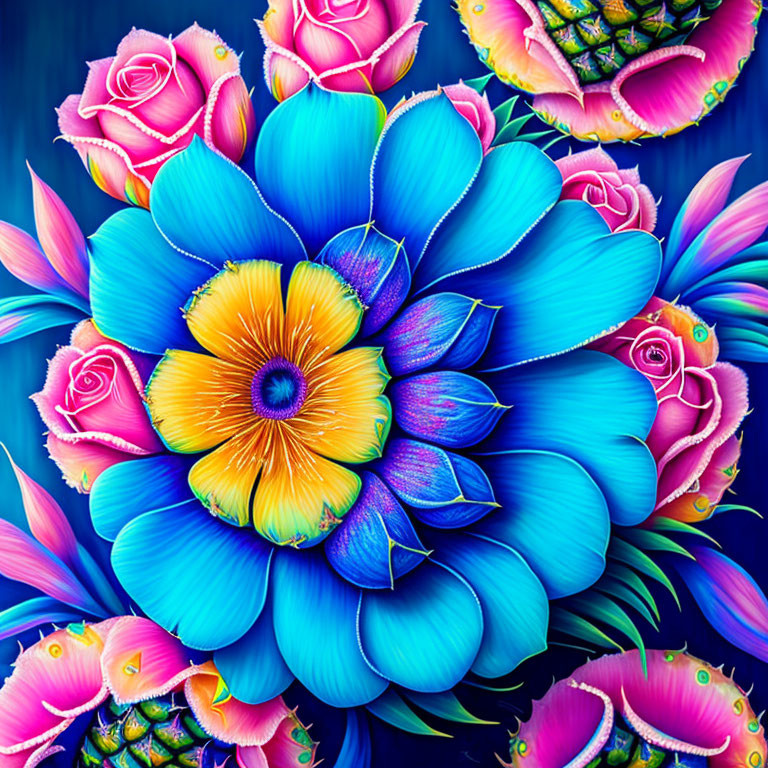 Colorful digital artwork: Large blue flower, yellow center, pink roses, greenery, deep blue