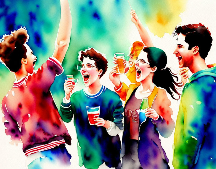 Colorful Watercolor Illustration: Five Joyful People Toasting with Drinks