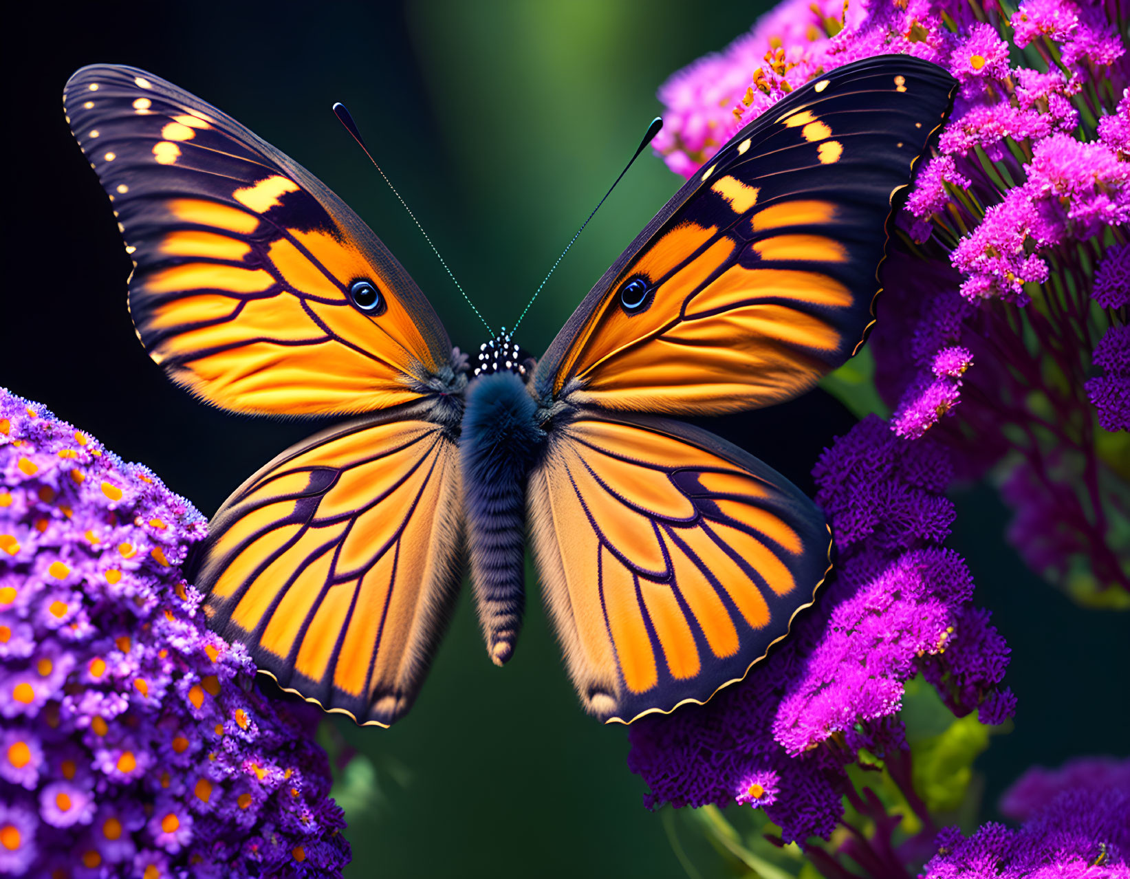 Colorful Butterfly on Purple Flowers with Green Background