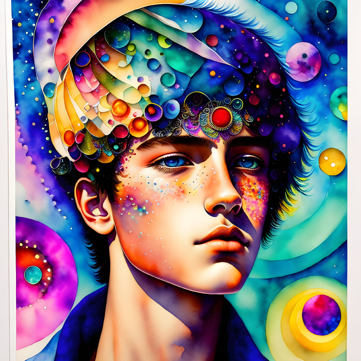 Colorful portrait featuring cosmic and psychedelic elements