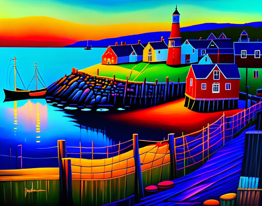 Colorful Coastal Scene with Red Lighthouse, Boats, and Sunset Sky
