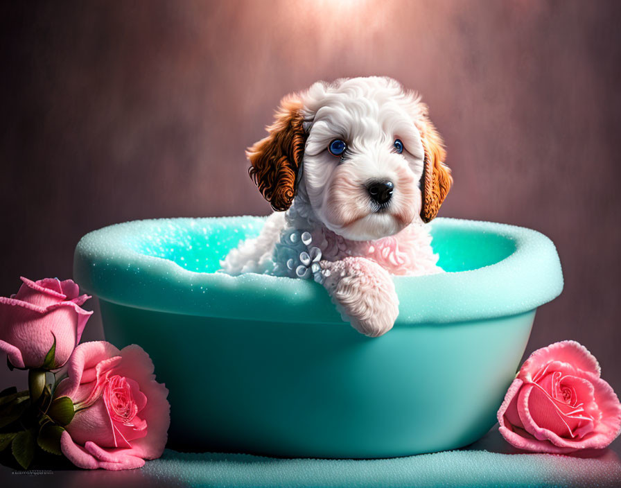 White and Brown Puppy in Turquoise Bathtub with Bubbles and Pink Roses