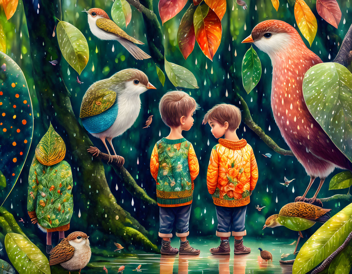Children in colorful sweaters in magical forest with whimsical birds and sparkling rain