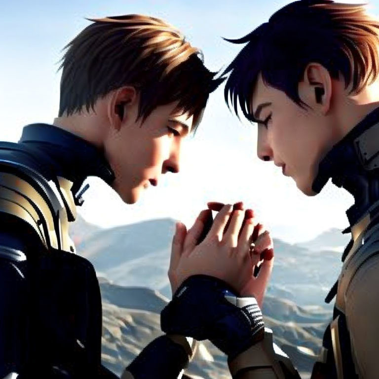 Futuristic animated characters touching hands in desert setting