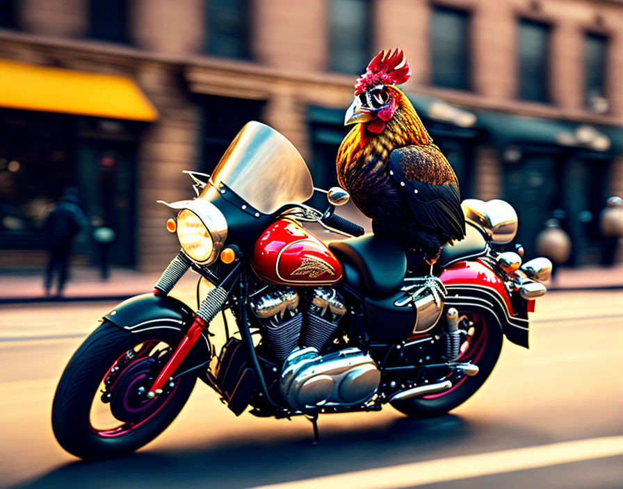 Rooster on Red and Chrome Motorcycle in City Street Scene