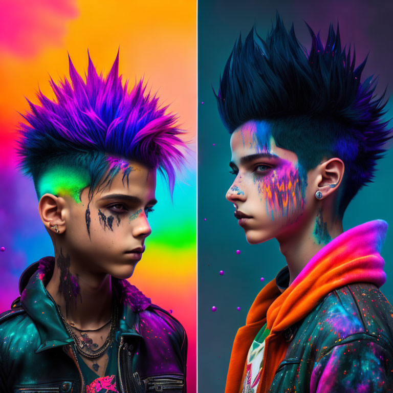 Vibrant purple and blue punk hairstyles with colorful paint and bold makeup