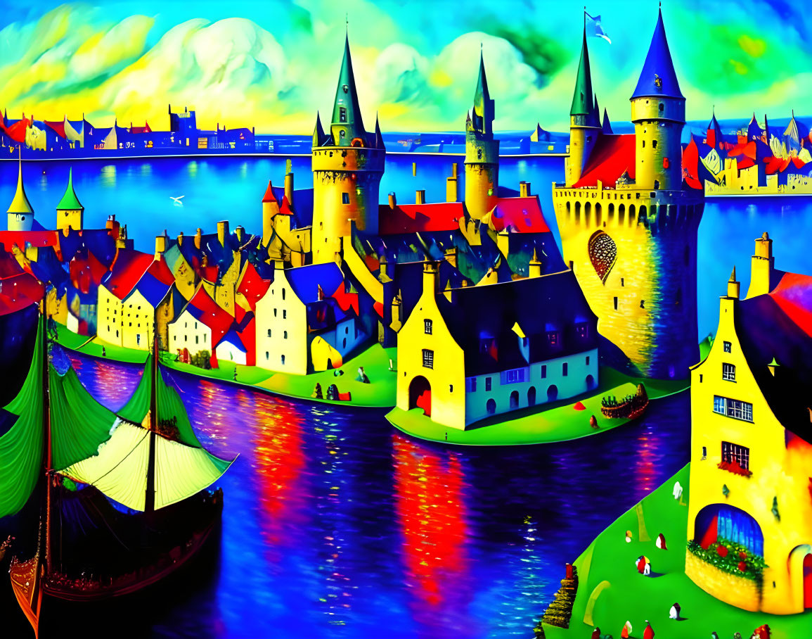 Colorful Medieval Townscape with Riverfront and Castle Towers