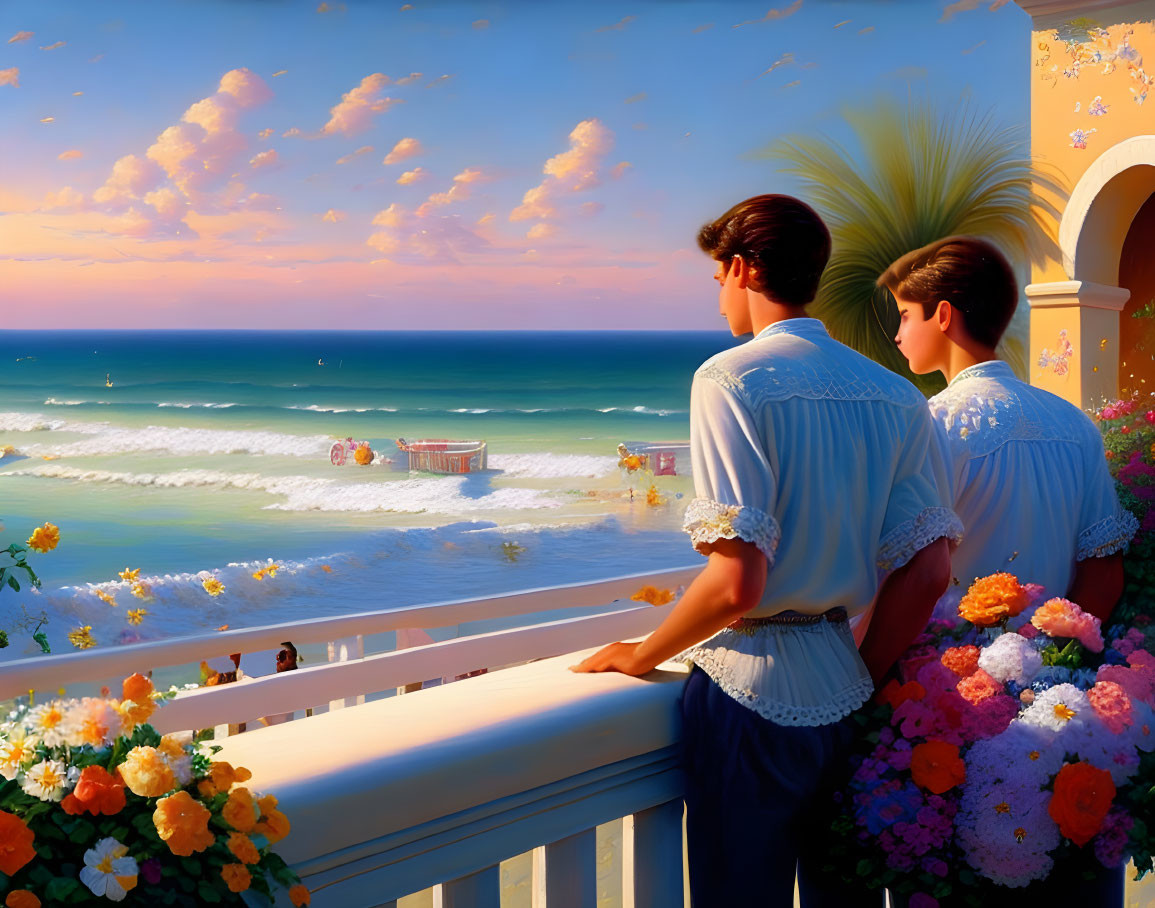 Scenic balcony view of beach with colorful flowers
