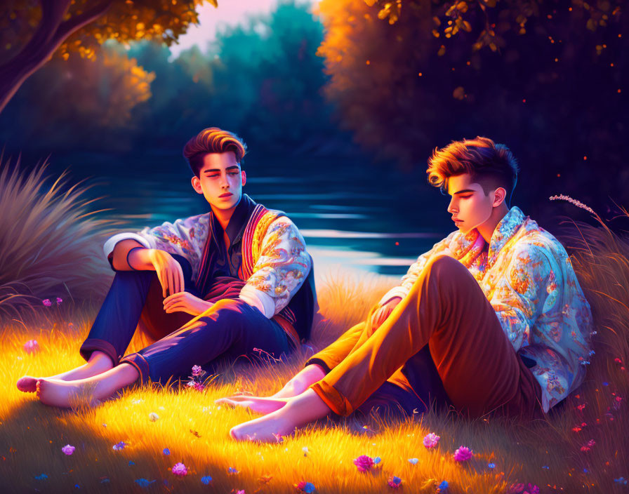 Two Men Sitting by River at Sunset Surrounded by Flowers