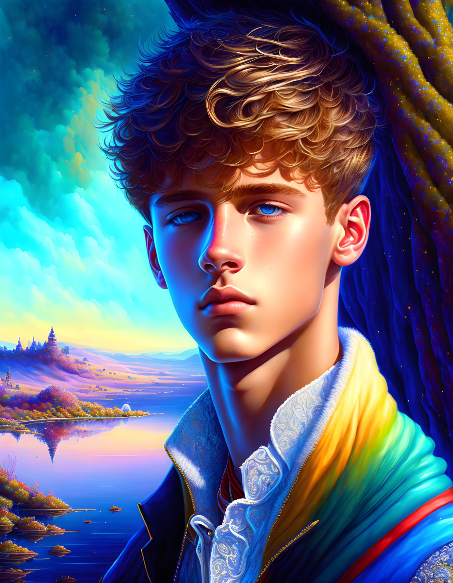 Young man with curly hair and blue eyes in colorful scarf against fantasy landscape