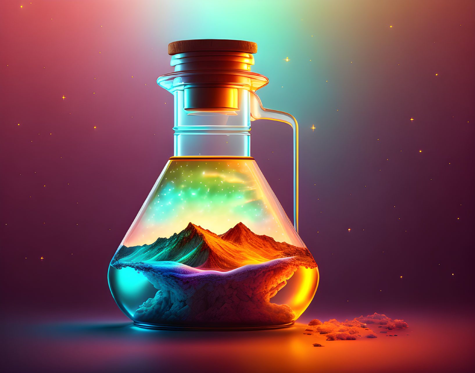 Colorful glass flask with mountain range and starry sky on gradient background