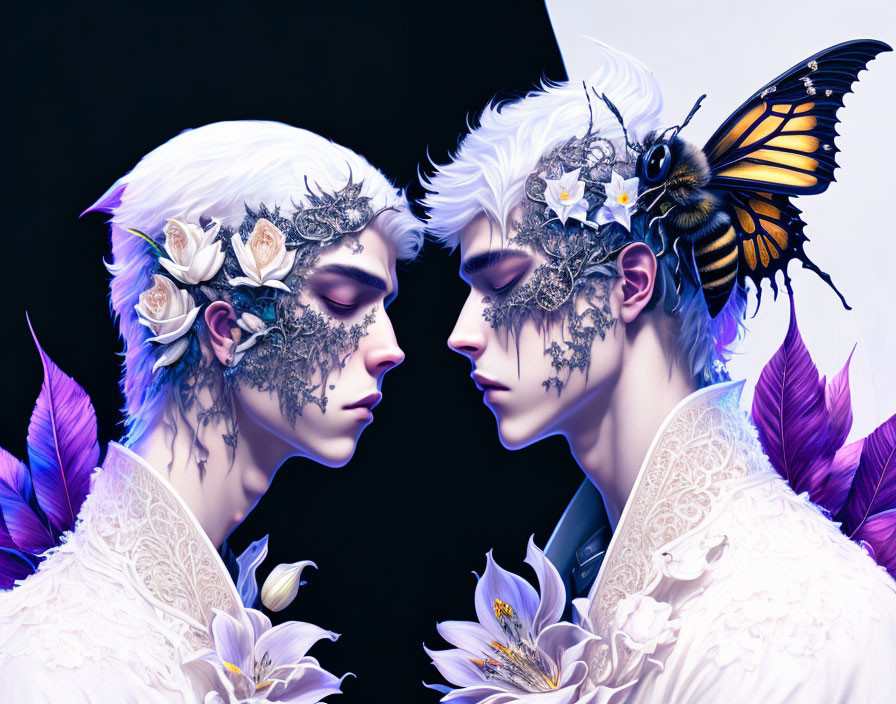 White-Haired Ethereal Beings with Floral and Feather Adornments and Butterfly