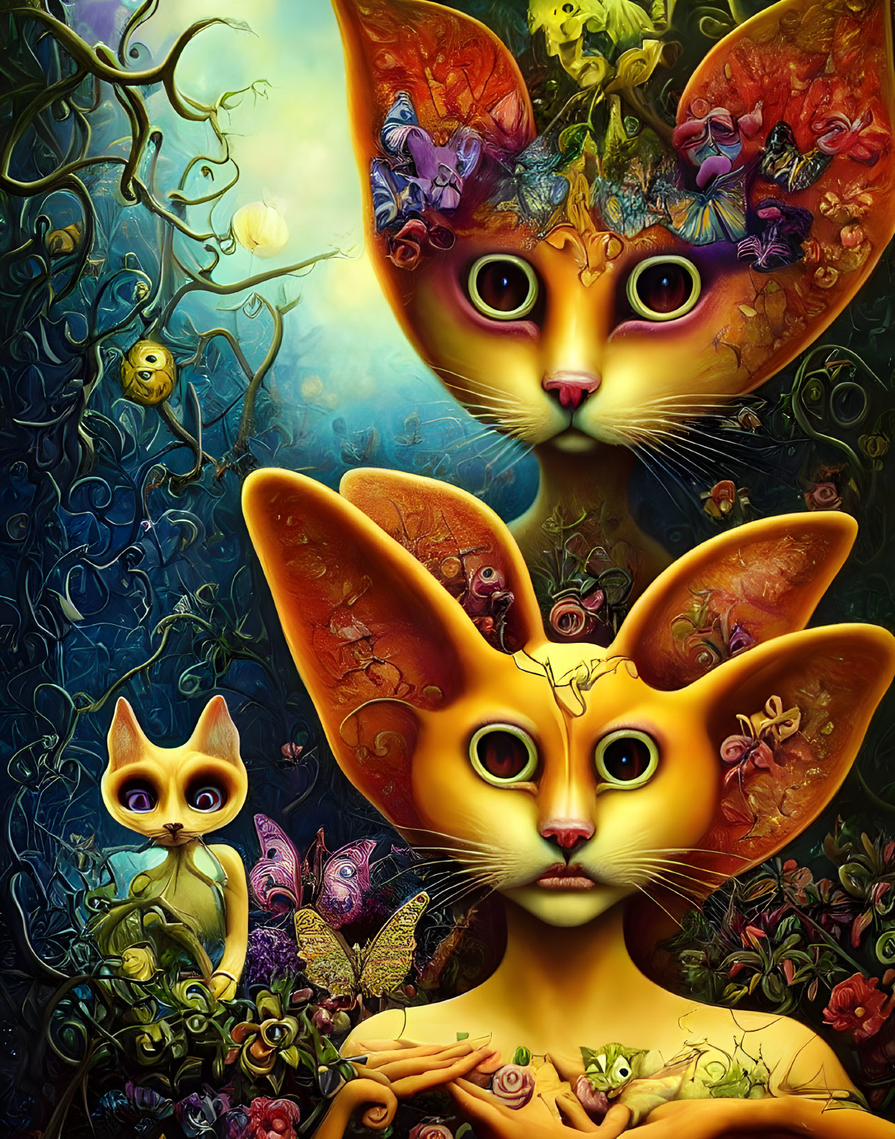 Whimsical artwork: Three stylized cats with floral patterns in vibrant fantasy backdrop