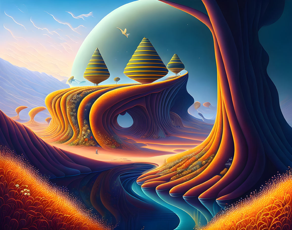 Surreal landscape with orange terrain, person near blue stream, pyramidal structures, and large