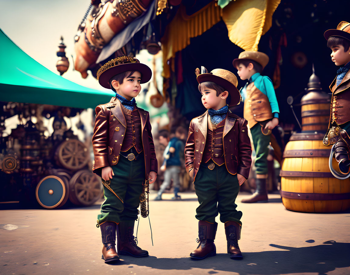 Two children in ornate cowboy outfits at fair with vintage props