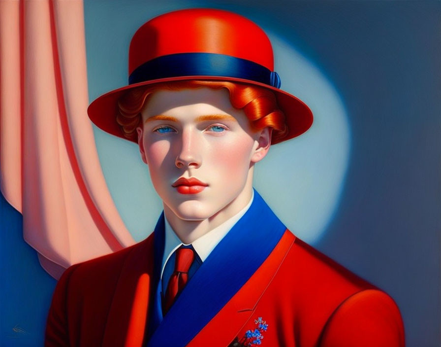 Stylized portrait of a person with red hair in bold blue and red attire