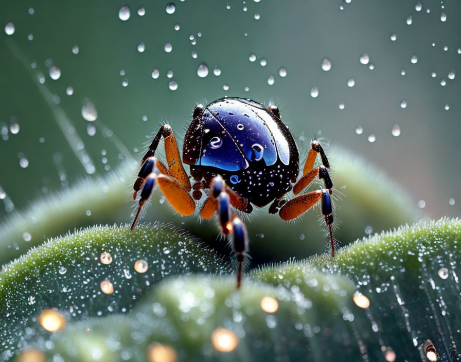 Colorful Spider on Green Leaf with Water Droplets: Detailed Nature Scene