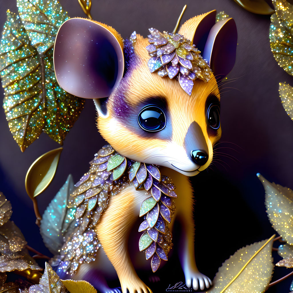 Golden Mouse Illustration with Sparkling Eyes and Glittering Leaves in Golden Foliage