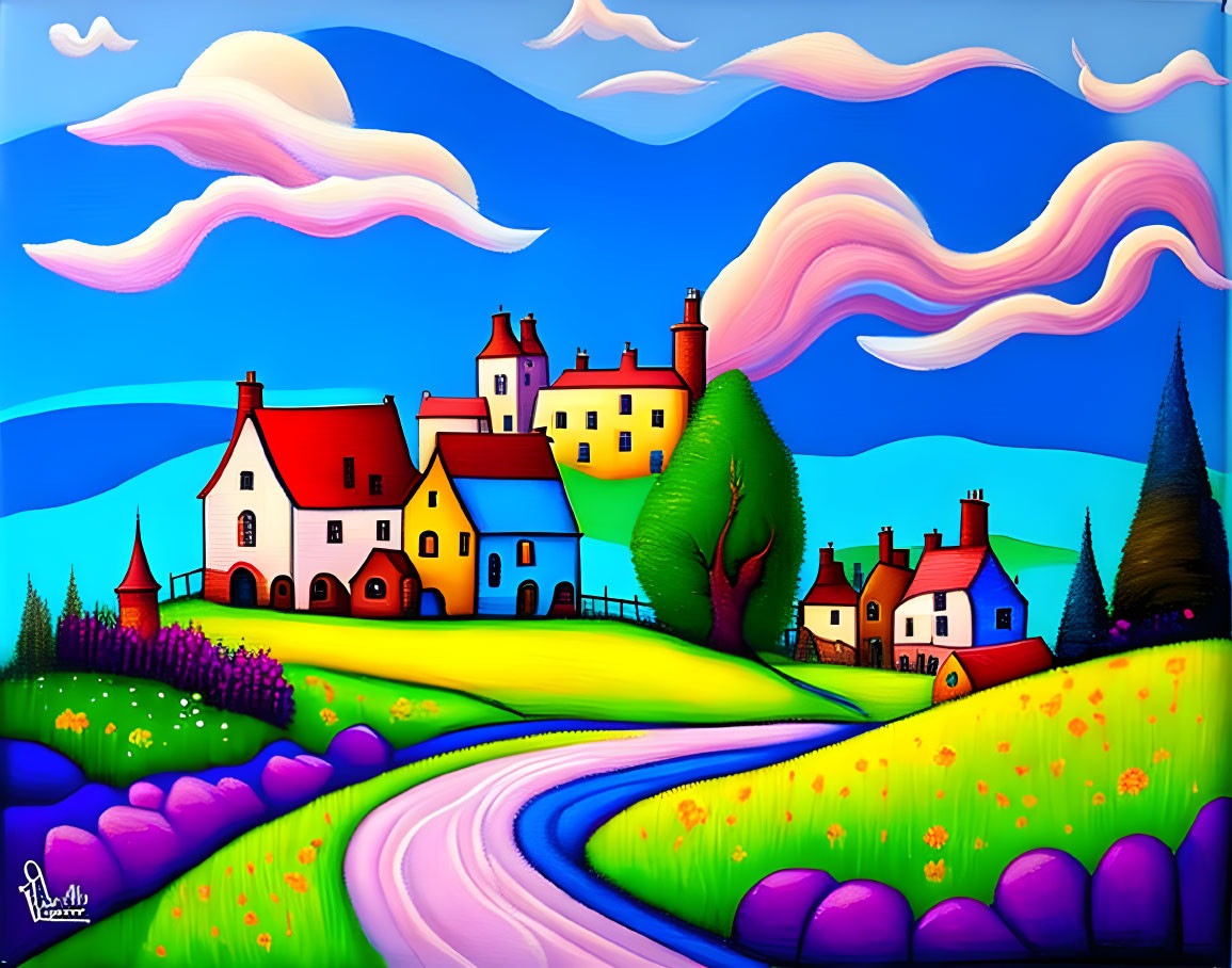 Vibrant landscape painting with colorful houses, rolling hills, and pink clouds
