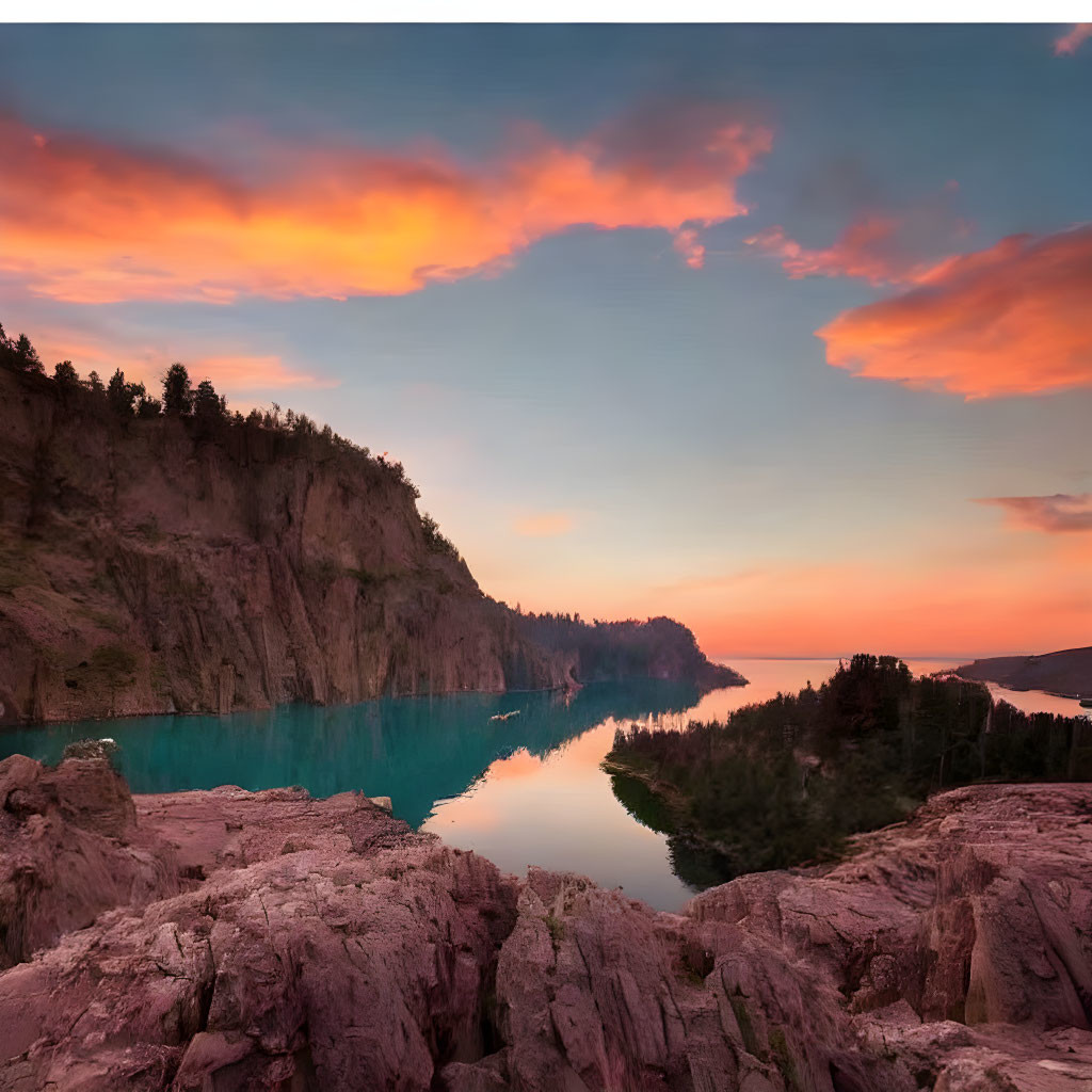 Tranquil lake at twilight with cotton-candy clouds and cliff faces