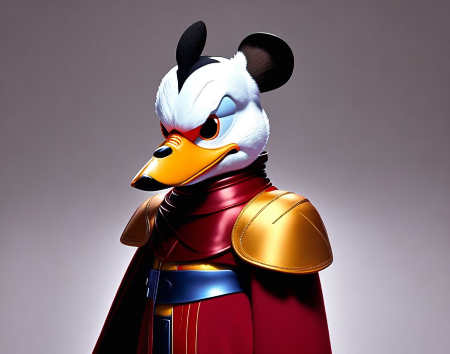 Anthropomorphic duck character with heroic attire: red cape, golden shoulder armor, black mask