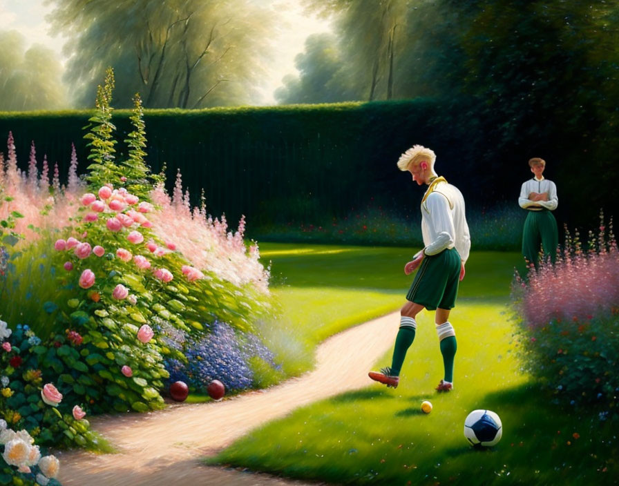Young soccer player on sunlit garden path with flowers, older spectator in background