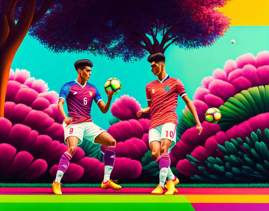Vibrant soccer players compete on surreal, colorful pitch