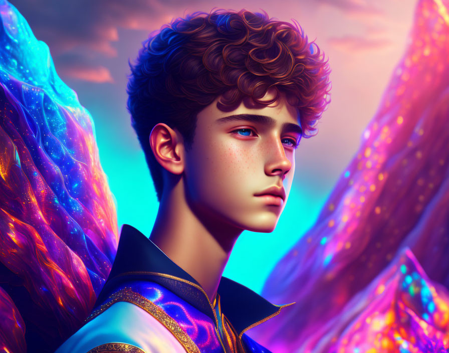 Young person with curly hair in side profile against cosmic background with shimmering wings