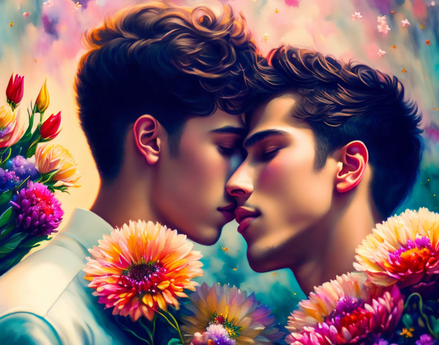 Stylized men in close embrace with vibrant flowers and dreamy background.