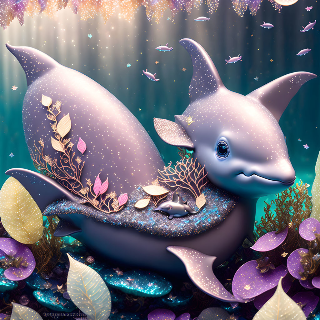 Colorful Dolphin Illustration with Galaxy Skin and Underwater Scene