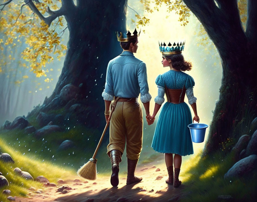 Royal couple in crowns walking through forest with broom and bucket.