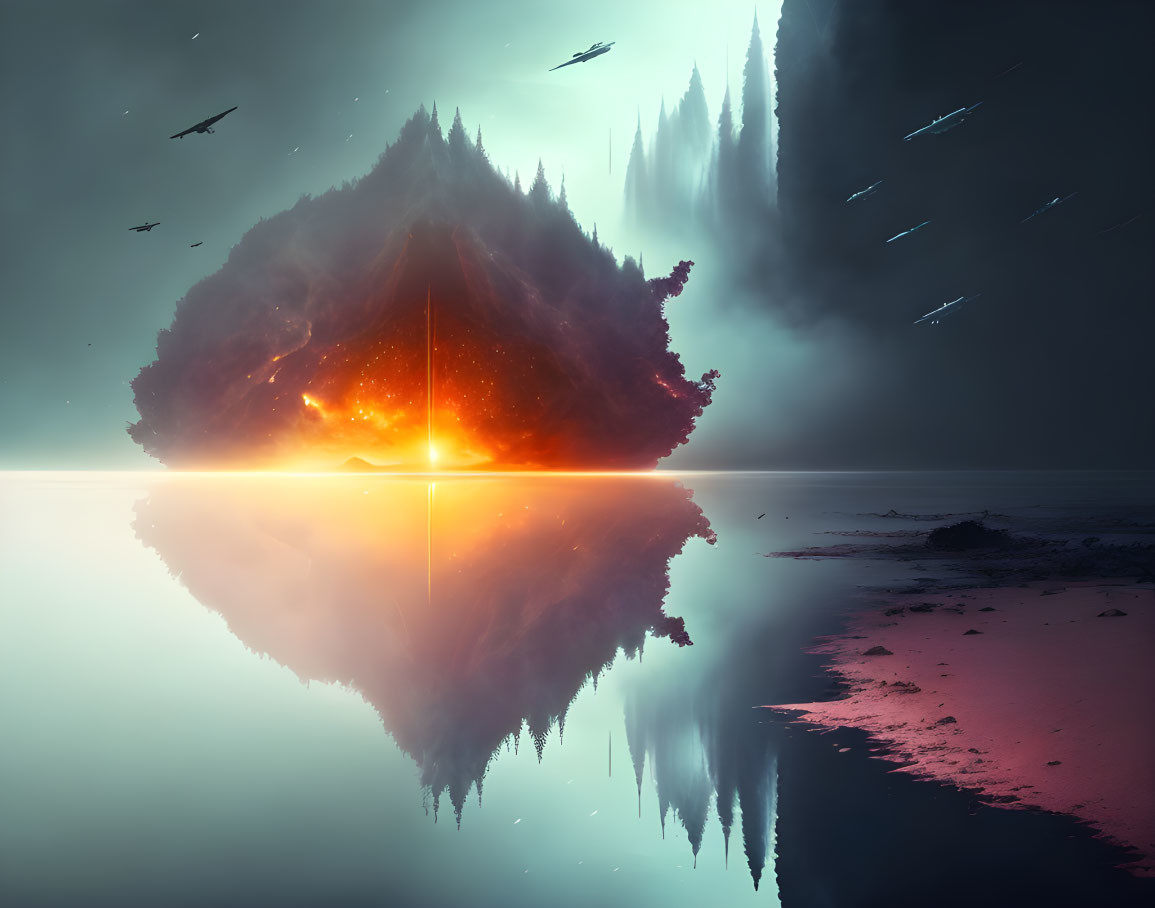 Surreal landscape with floating mountain island and glowing fiery center