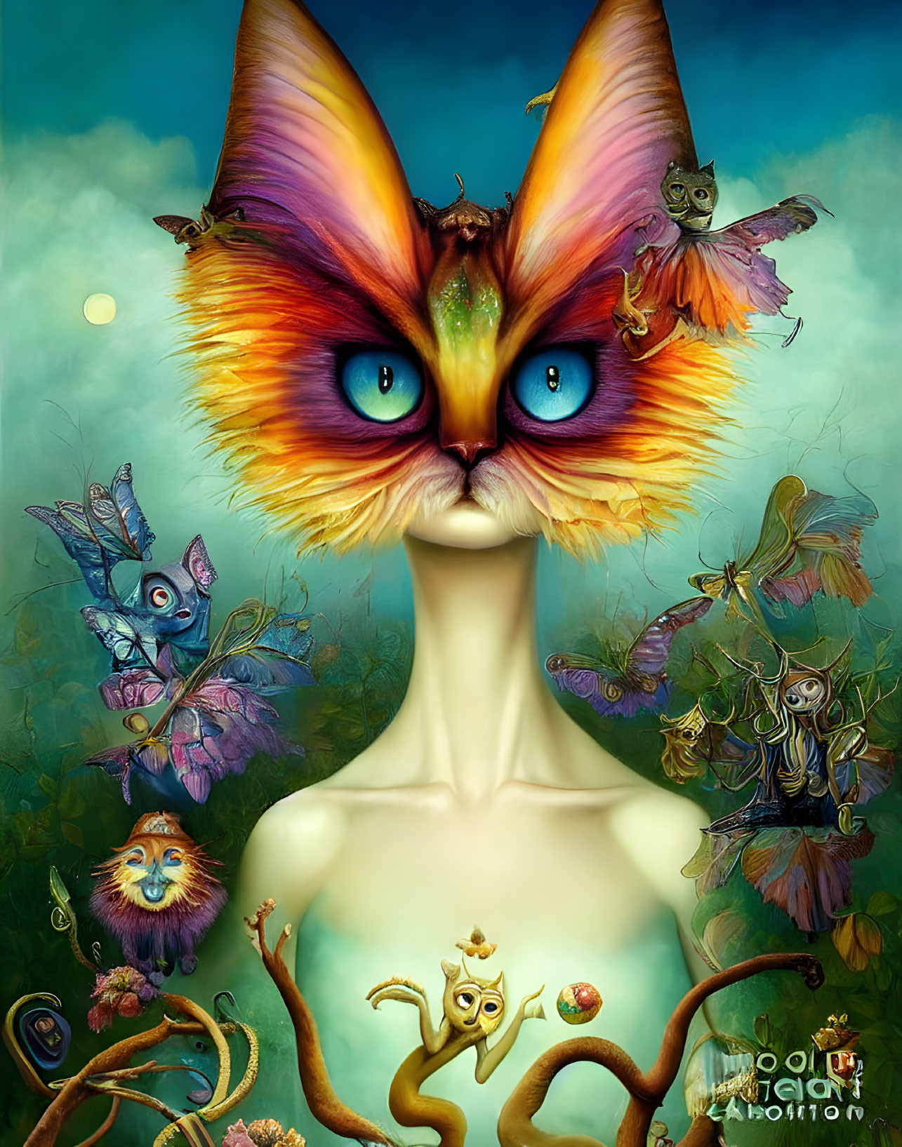 Colorful surreal digital painting: Butterfly-headed figure in whimsical scene